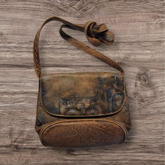 Jane Yoo Bag Wearable Art Hand Painted Signed Leather Crossbody Handbag Vintage - Picture 1 of 12